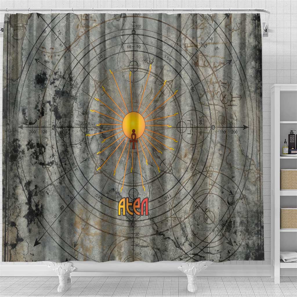 Aten Ancient Egyptian Shower Curtain with Gray Astronomical Chart, Radiant Sun Disc Emblem, and Ankh - Wonder Print Shop