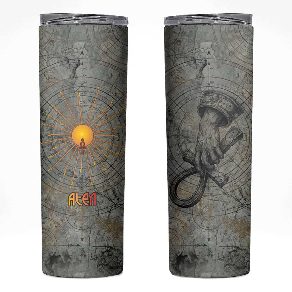 Aten Ancient Egyptian Skinny Tumbler with Gray Astronomical Chart, Radiant Sun Disc Emblem, and Ankh - Wonder Print Shop