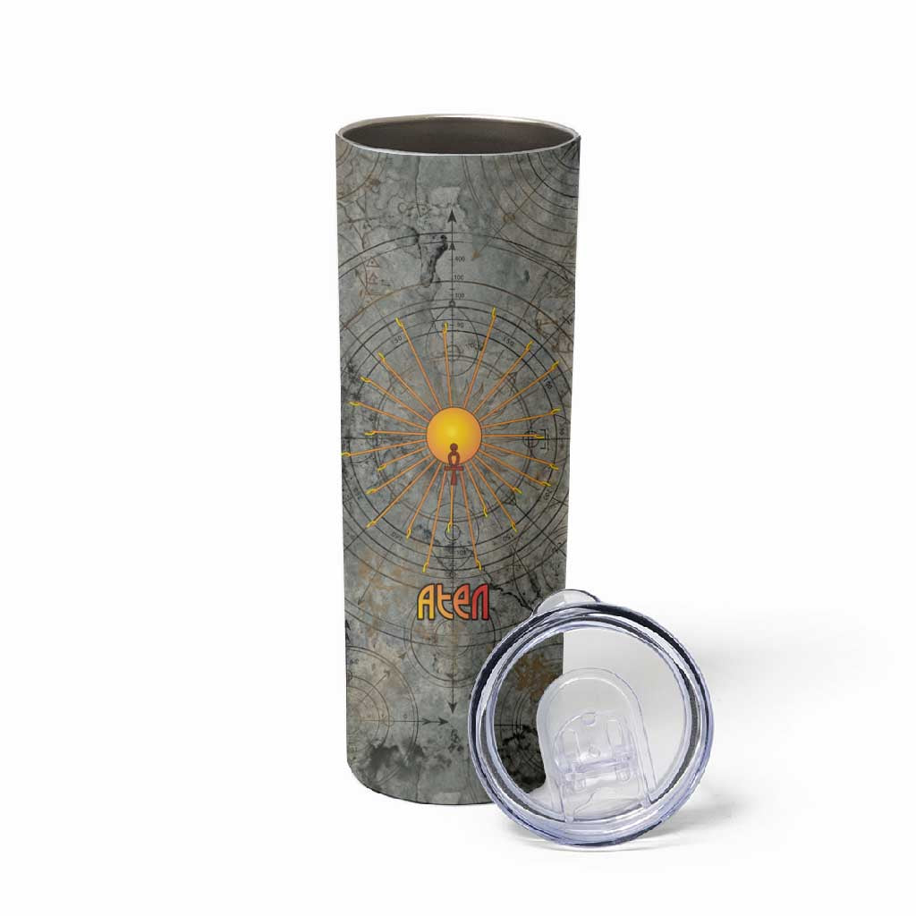 Aten Ancient Egyptian Skinny Tumbler with Gray Astronomical Chart, Radiant Sun Disc Emblem, and Ankh - Wonder Print Shop