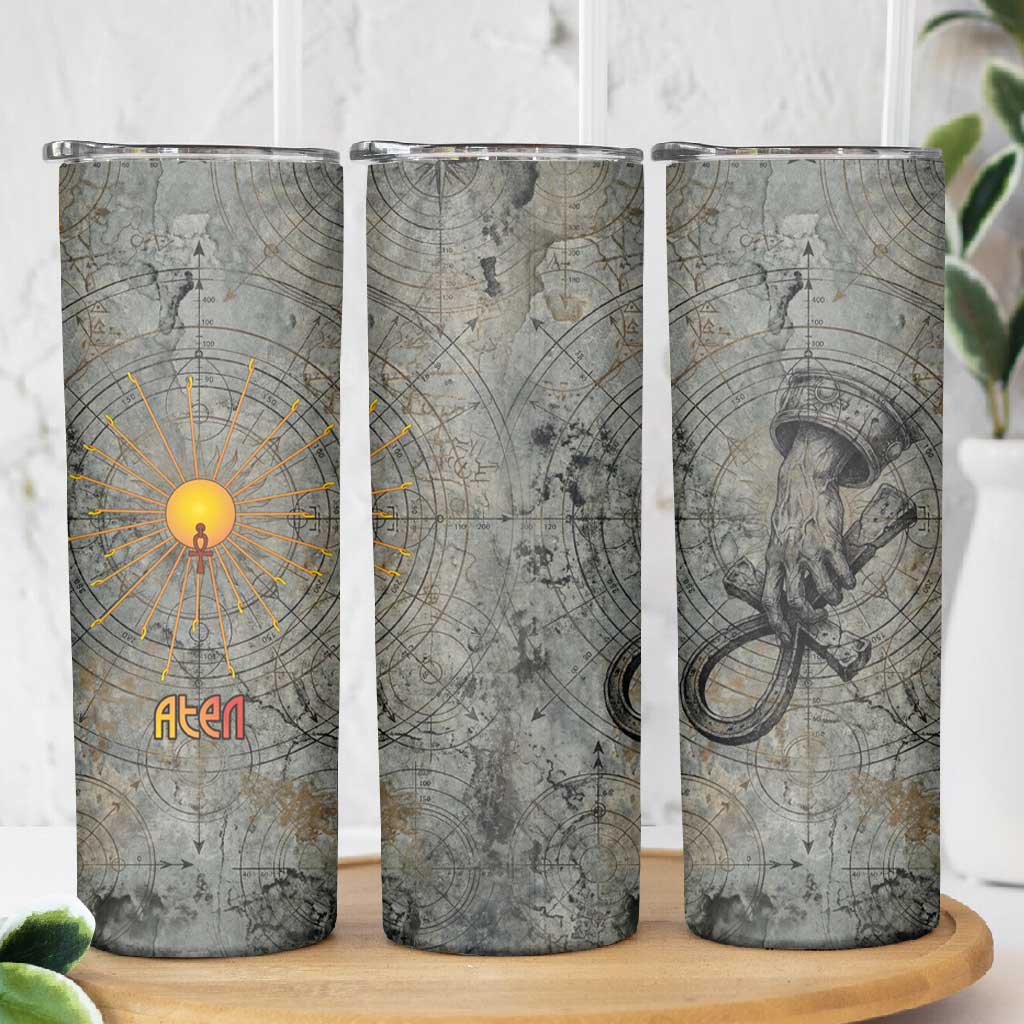 Aten Ancient Egyptian Skinny Tumbler with Gray Astronomical Chart, Radiant Sun Disc Emblem, and Ankh - Wonder Print Shop