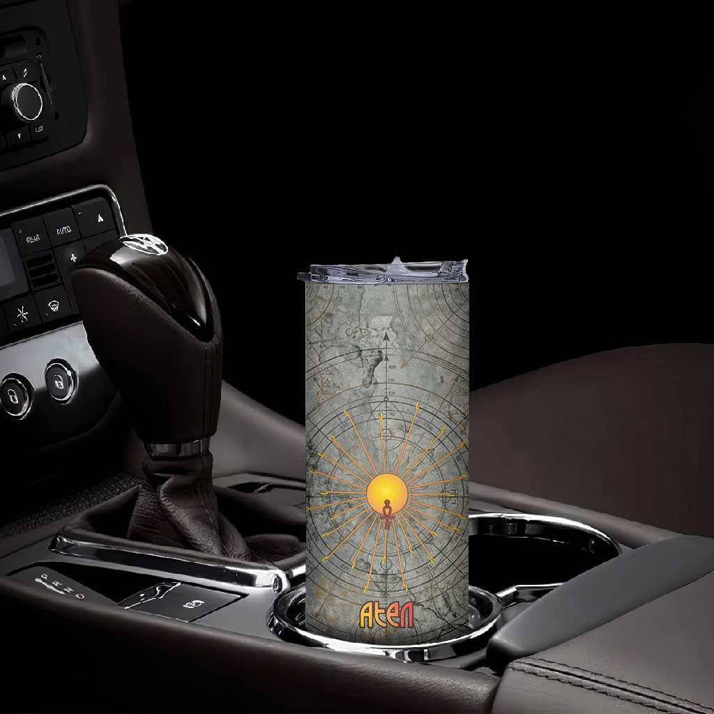Aten Ancient Egyptian Skinny Tumbler with Gray Astronomical Chart, Radiant Sun Disc Emblem, and Ankh - Wonder Print Shop