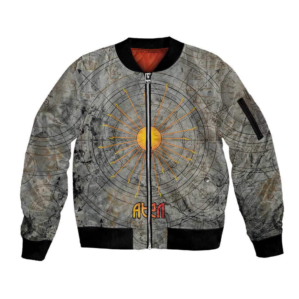 Aten Ancient Egyptian Sleeve Zip Bomber Jacket with Gray Astronomical Chart, Radiant Sun Disc Emblem, and Ankh - Wonder Print Shop