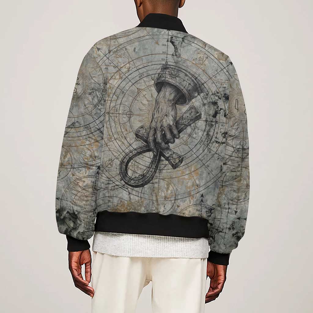 Aten Ancient Egyptian Sleeve Zip Bomber Jacket with Gray Astronomical Chart, Radiant Sun Disc Emblem, and Ankh - Wonder Print Shop