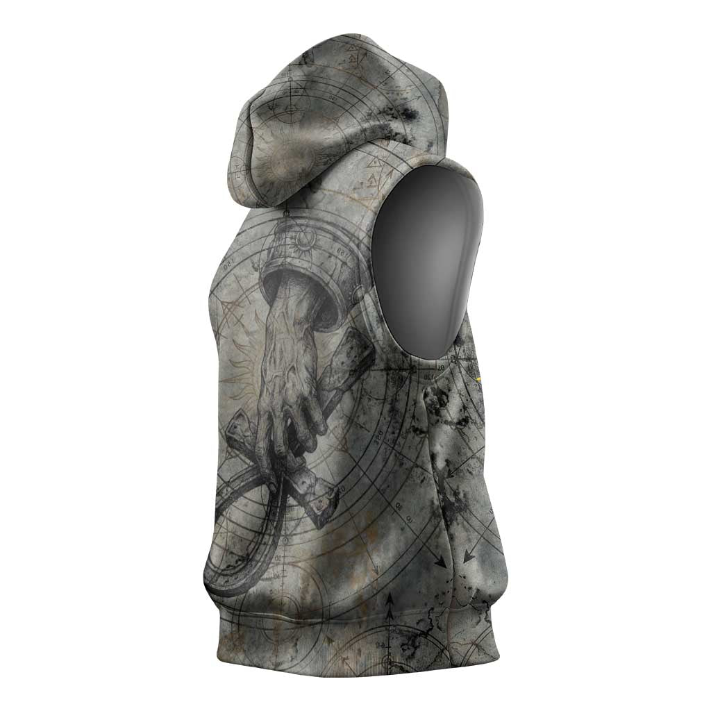Aten Ancient Egyptian Sleeveless Hoodie with Gray Astronomical Chart, Radiant Sun Disc Emblem, and Ankh - Wonder Print Shop