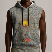 Aten Ancient Egyptian Sleeveless Hoodie with Gray Astronomical Chart, Radiant Sun Disc Emblem, and Ankh - Wonder Print Shop