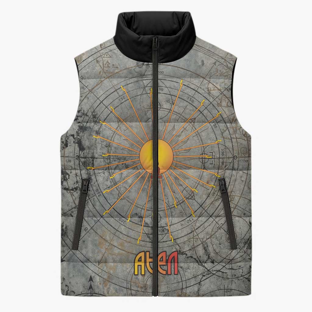 Aten Ancient Egyptian Sleeveless Puffer Jacket with Gray Astronomical Chart, Radiant Sun Disc Emblem, and Ankh - Wonder Print Shop