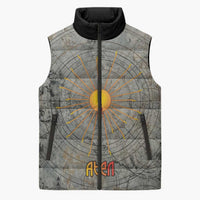 Aten Ancient Egyptian Sleeveless Puffer Jacket with Gray Astronomical Chart, Radiant Sun Disc Emblem, and Ankh - Wonder Print Shop