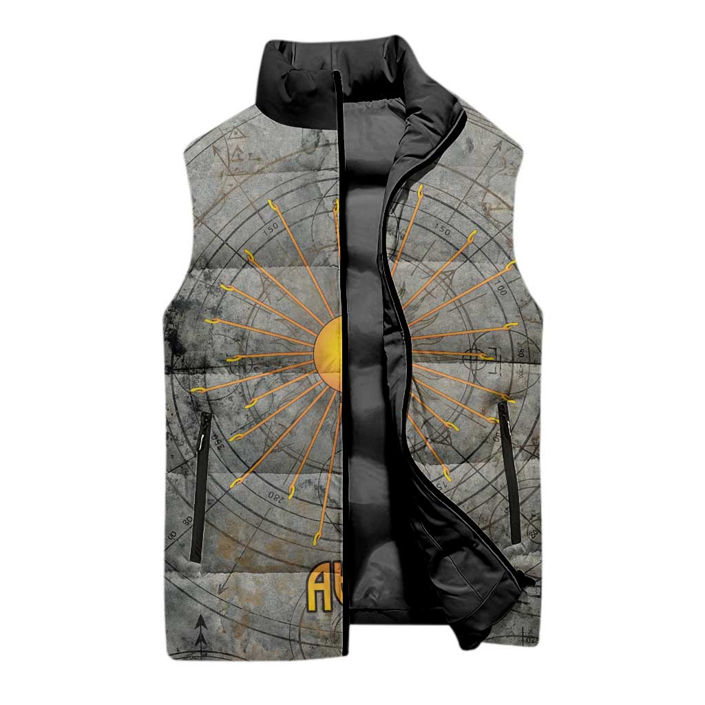 Aten Ancient Egyptian Sleeveless Puffer Jacket with Gray Astronomical Chart, Radiant Sun Disc Emblem, and Ankh - Wonder Print Shop