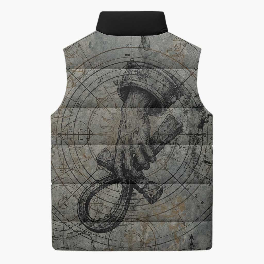 Aten Ancient Egyptian Sleeveless Puffer Jacket with Gray Astronomical Chart, Radiant Sun Disc Emblem, and Ankh - Wonder Print Shop