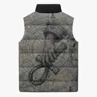 Aten Ancient Egyptian Sleeveless Puffer Jacket with Gray Astronomical Chart, Radiant Sun Disc Emblem, and Ankh - Wonder Print Shop