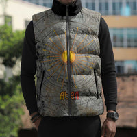 Aten Ancient Egyptian Sleeveless Puffer Jacket with Gray Astronomical Chart, Radiant Sun Disc Emblem, and Ankh - Wonder Print Shop