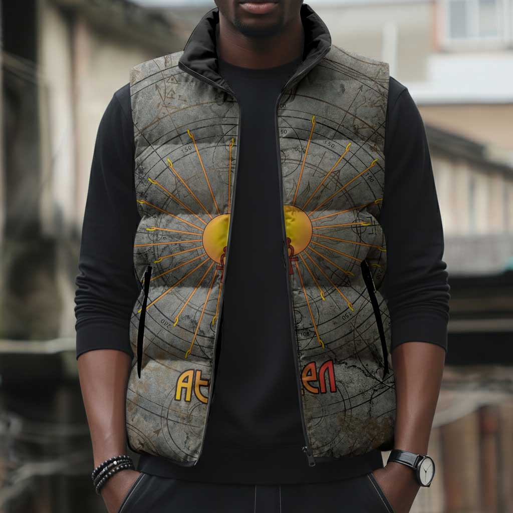 Aten Ancient Egyptian Sleeveless Puffer Jacket with Gray Astronomical Chart, Radiant Sun Disc Emblem, and Ankh - Wonder Print Shop