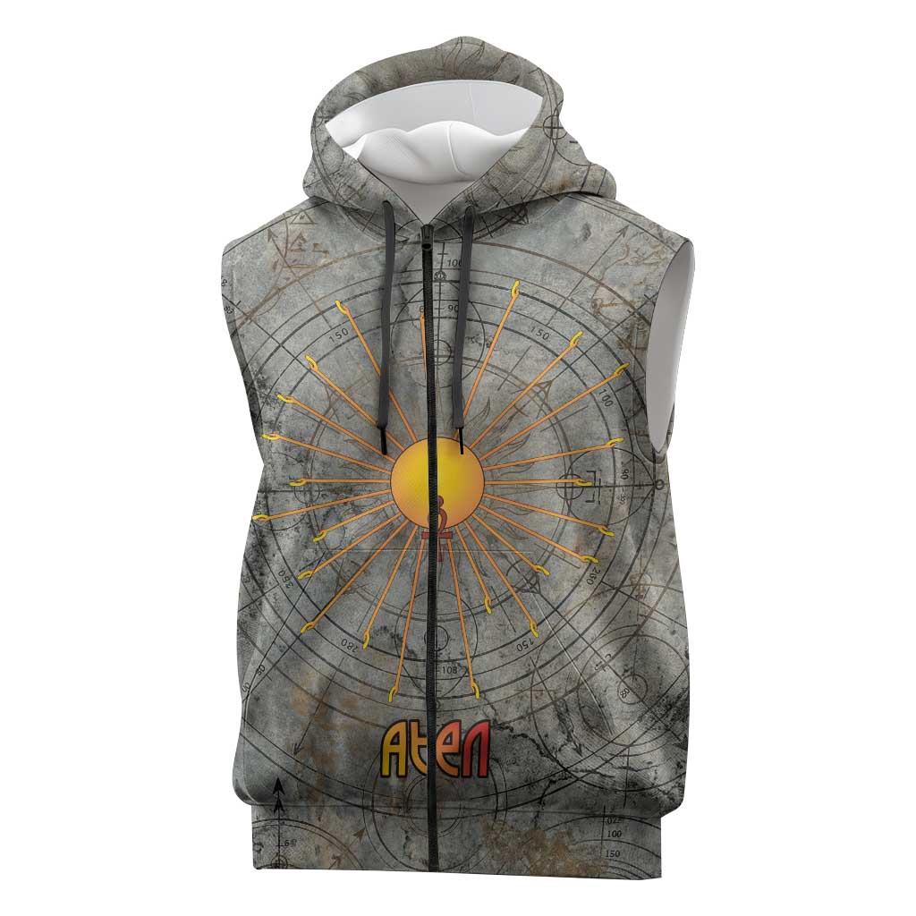 Aten Ancient Egyptian Sleeveless Zip Hoodie with Gray Astronomical Chart, Radiant Sun Disc Emblem, and Ankh - Wonder Print Shop