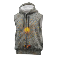 Aten Ancient Egyptian Sleeveless Zip Hoodie with Gray Astronomical Chart, Radiant Sun Disc Emblem, and Ankh - Wonder Print Shop