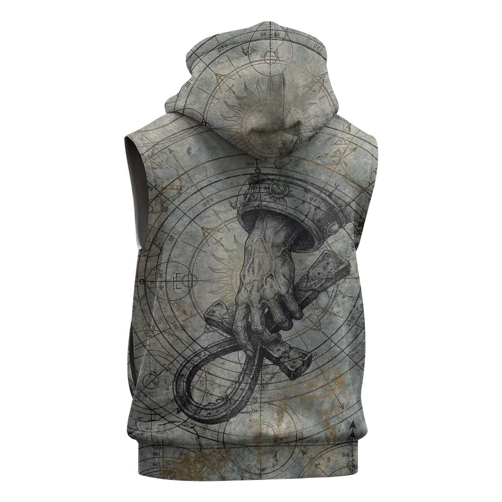 Aten Ancient Egyptian Sleeveless Zip Hoodie with Gray Astronomical Chart, Radiant Sun Disc Emblem, and Ankh - Wonder Print Shop