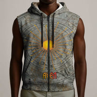 Aten Ancient Egyptian Sleeveless Zip Hoodie with Gray Astronomical Chart, Radiant Sun Disc Emblem, and Ankh - Wonder Print Shop