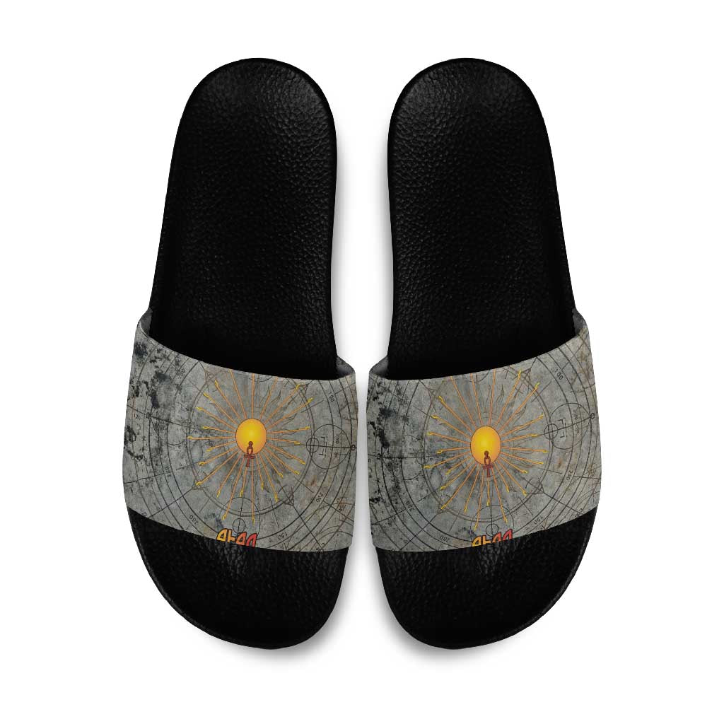 Aten Ancient Egyptian Slide Sandals with Gray Astronomical Chart, Radiant Sun Disc Emblem, and Ankh - Wonder Print Shop