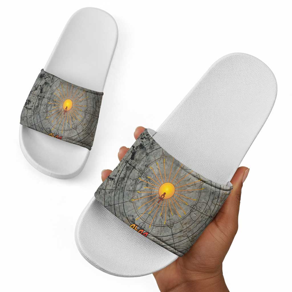 Aten Ancient Egyptian Slide Sandals with Gray Astronomical Chart, Radiant Sun Disc Emblem, and Ankh - Wonder Print Shop