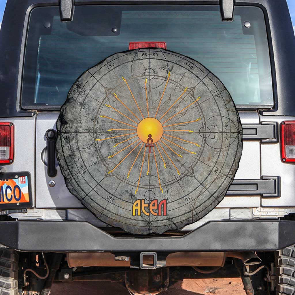Aten Ancient Egyptian Spare Tire Cover with Gray Astronomical Chart, Radiant Sun Disc Emblem, and Ankh - Wonder Print Shop