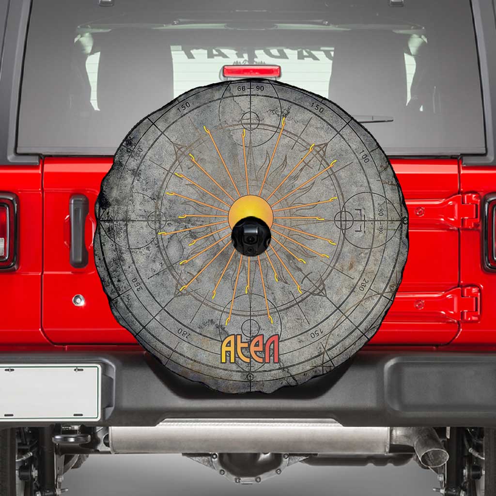 Aten Ancient Egyptian Spare Tire Cover with Gray Astronomical Chart, Radiant Sun Disc Emblem, and Ankh - Wonder Print Shop