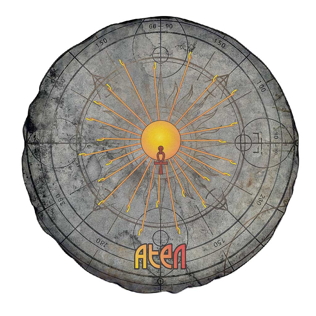 Aten Ancient Egyptian Spare Tire Cover with Gray Astronomical Chart, Radiant Sun Disc Emblem, and Ankh - Wonder Print Shop