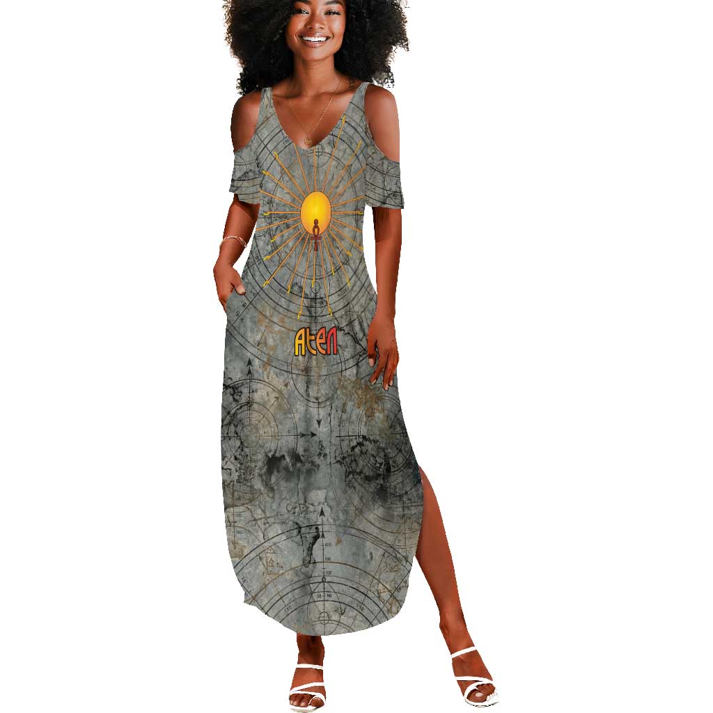 Aten Ancient Egyptian Summer Maxi Dress with Gray Astronomical Chart, Radiant Sun Disc Emblem, and Ankh - Wonder Print Shop