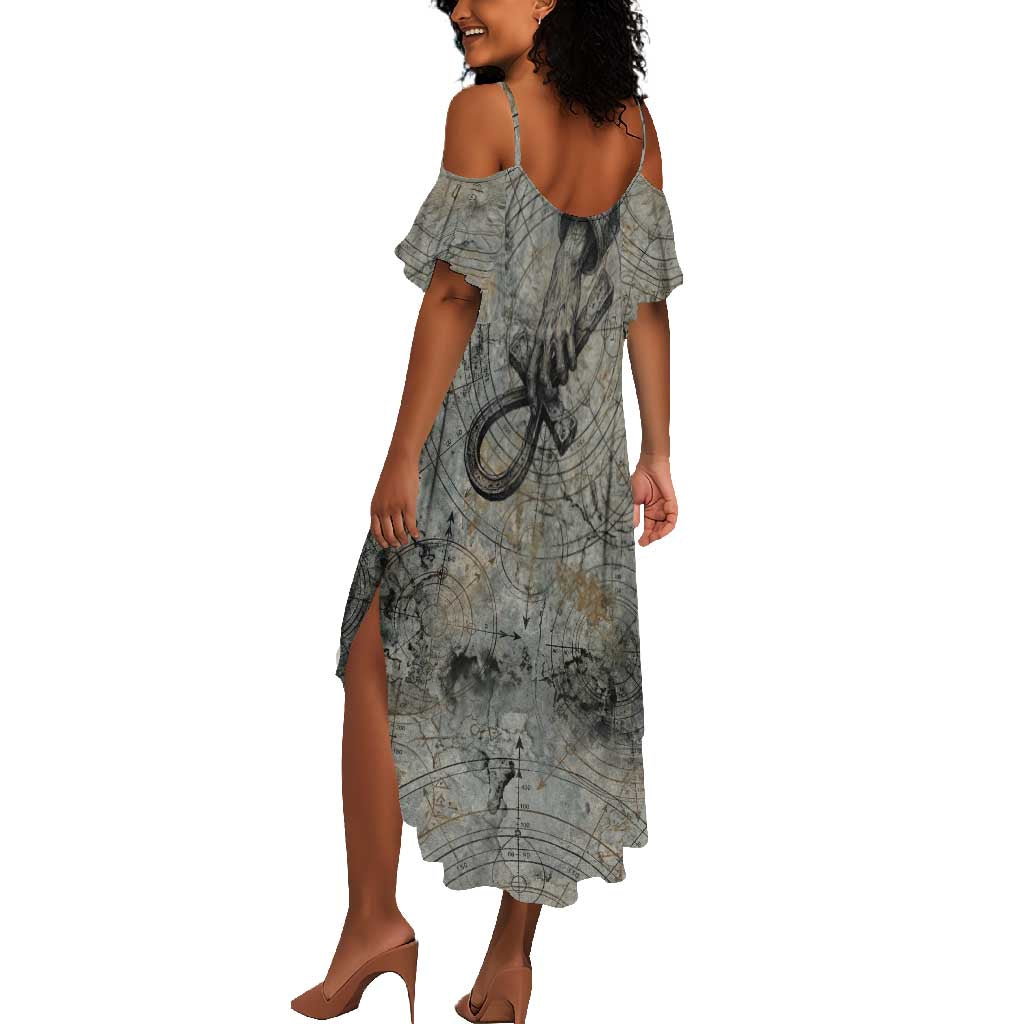 Aten Ancient Egyptian Summer Maxi Dress with Gray Astronomical Chart, Radiant Sun Disc Emblem, and Ankh - Wonder Print Shop