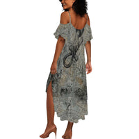 Aten Ancient Egyptian Summer Maxi Dress with Gray Astronomical Chart, Radiant Sun Disc Emblem, and Ankh - Wonder Print Shop