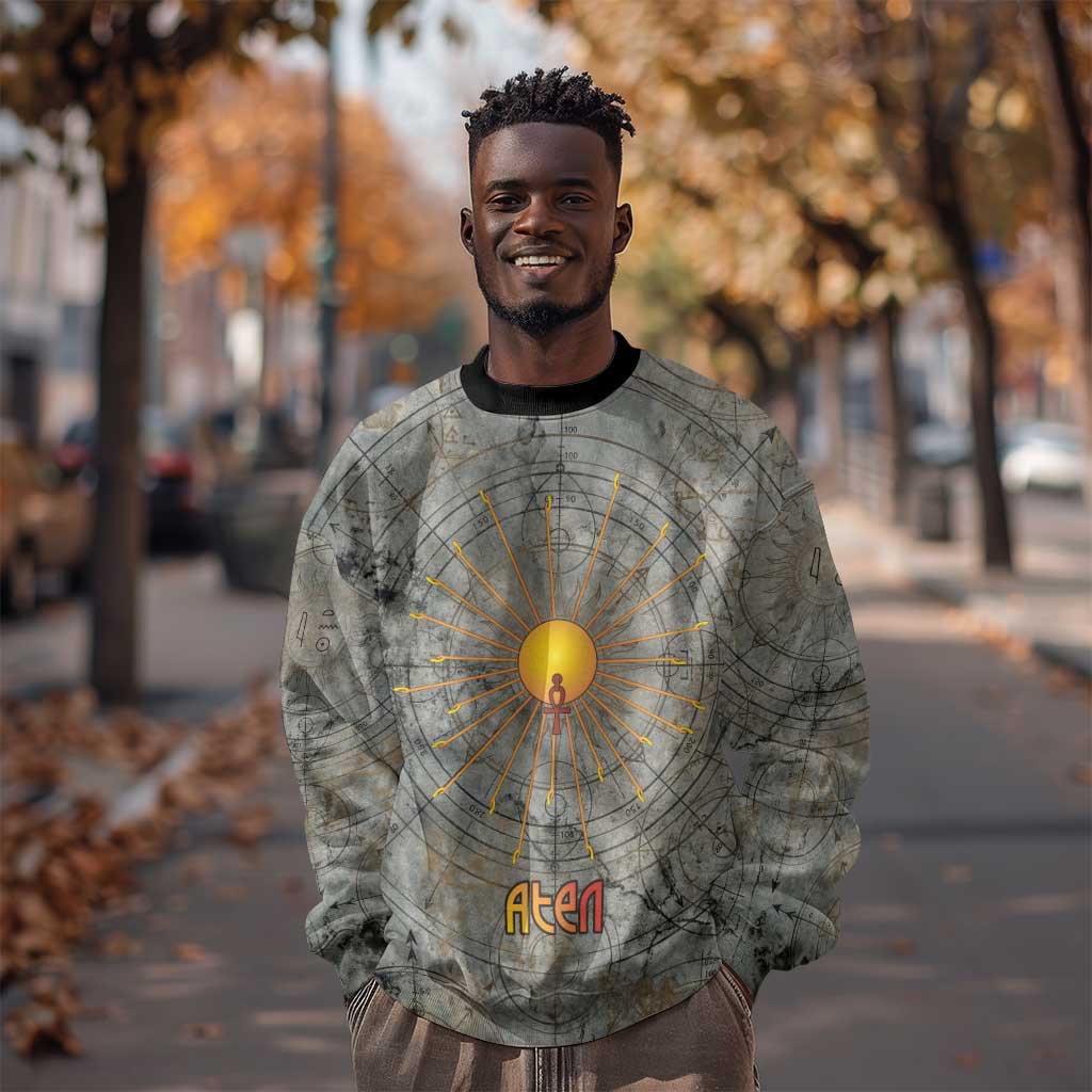 Aten Ancient Egyptian Sweatshirt with Gray Astronomical Chart, Radiant Sun Disc Emblem, and Ankh - Wonder Print Shop