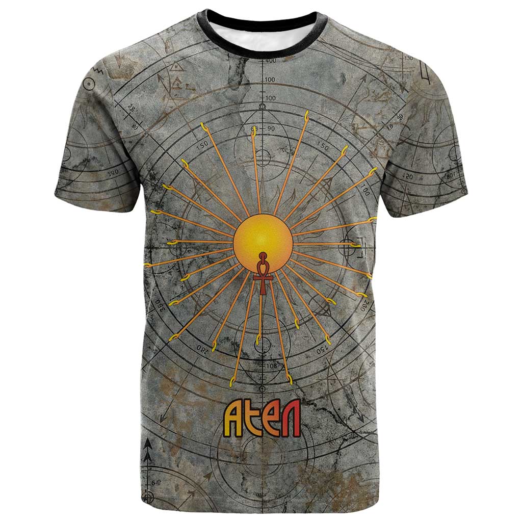 Aten Ancient Egyptian T shirt with Gray Astronomical Chart, Radiant Sun Disc Emblem, and Ankh - Wonder Print Shop