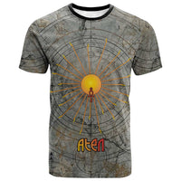 Aten Ancient Egyptian T shirt with Gray Astronomical Chart, Radiant Sun Disc Emblem, and Ankh - Wonder Print Shop