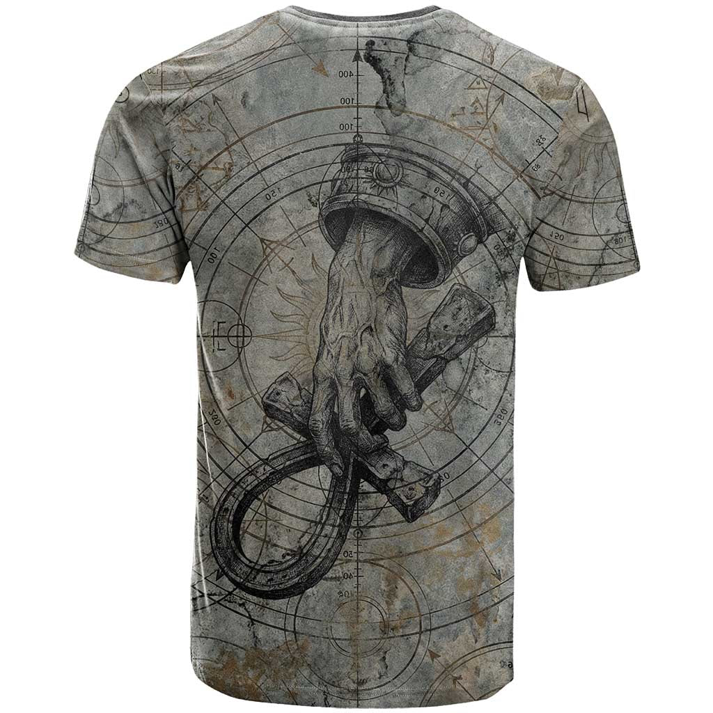 Aten Ancient Egyptian T shirt with Gray Astronomical Chart, Radiant Sun Disc Emblem, and Ankh - Wonder Print Shop