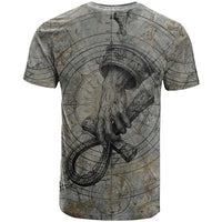 Aten Ancient Egyptian T shirt with Gray Astronomical Chart, Radiant Sun Disc Emblem, and Ankh - Wonder Print Shop