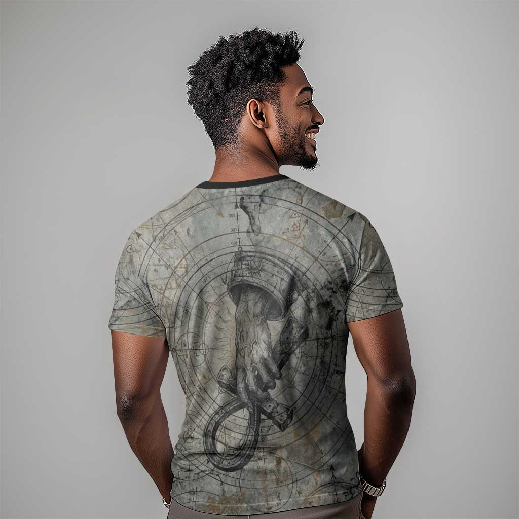 Aten Ancient Egyptian T shirt with Gray Astronomical Chart, Radiant Sun Disc Emblem, and Ankh - Wonder Print Shop