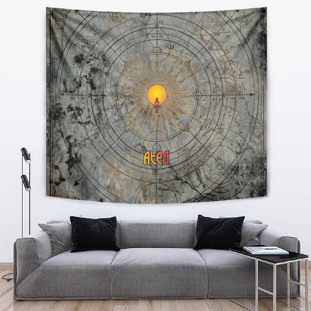 Aten Ancient Egyptian Tapestry with Gray Astronomical Chart, Radiant Sun Disc Emblem, and Ankh - Wonder Print Shop