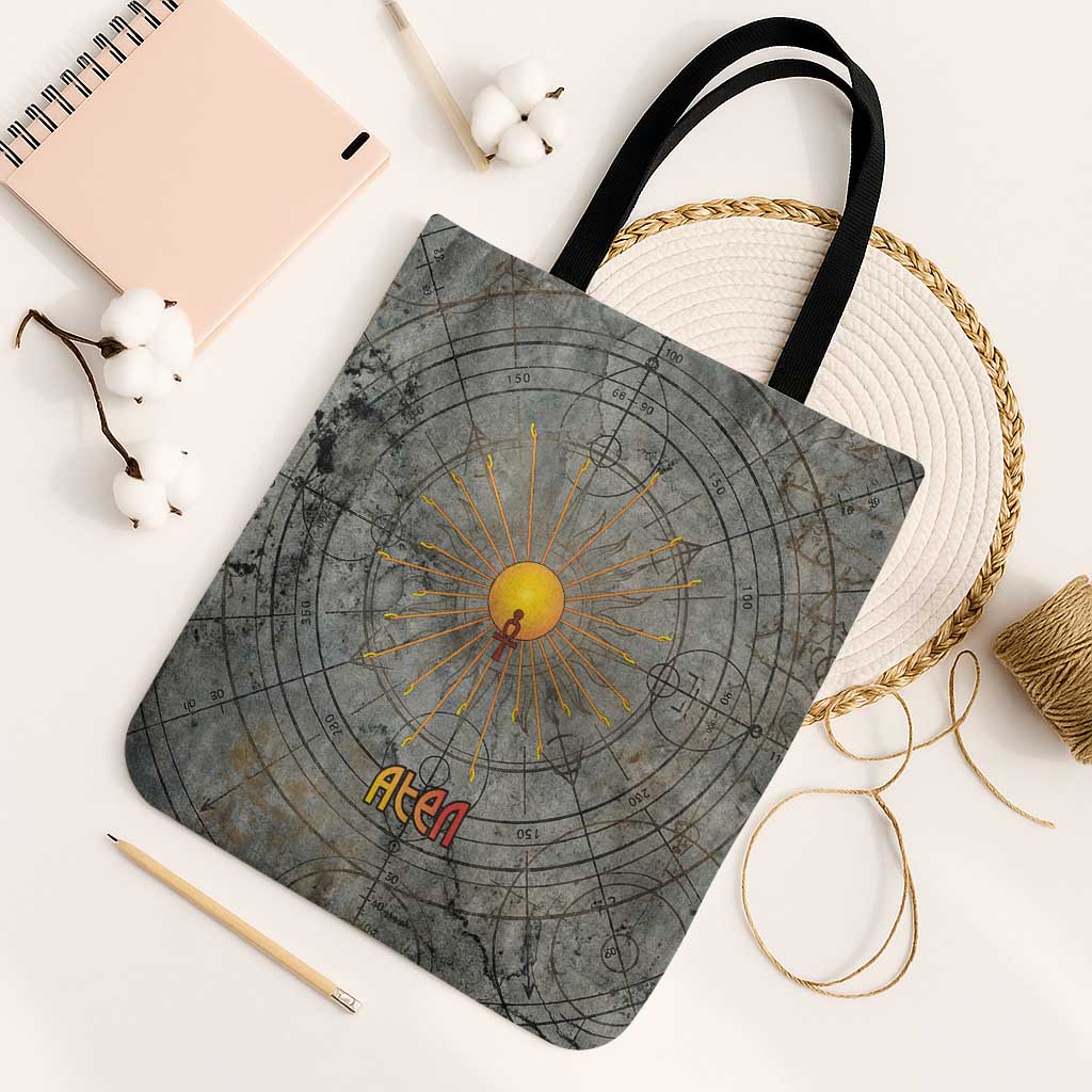 Aten Ancient Egyptian Tote Bag with Gray Astronomical Chart, Radiant Sun Disc Emblem, and Ankh - Wonder Print Shop