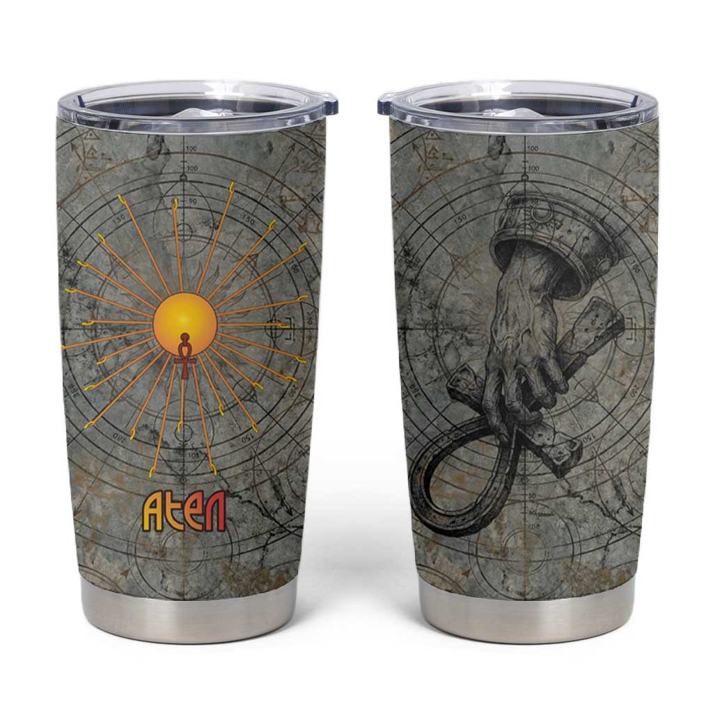 Aten Ancient Egyptian Tumbler Cup with Gray Astronomical Chart, Radiant Sun Disc Emblem, and Ankh - Wonder Print Shop
