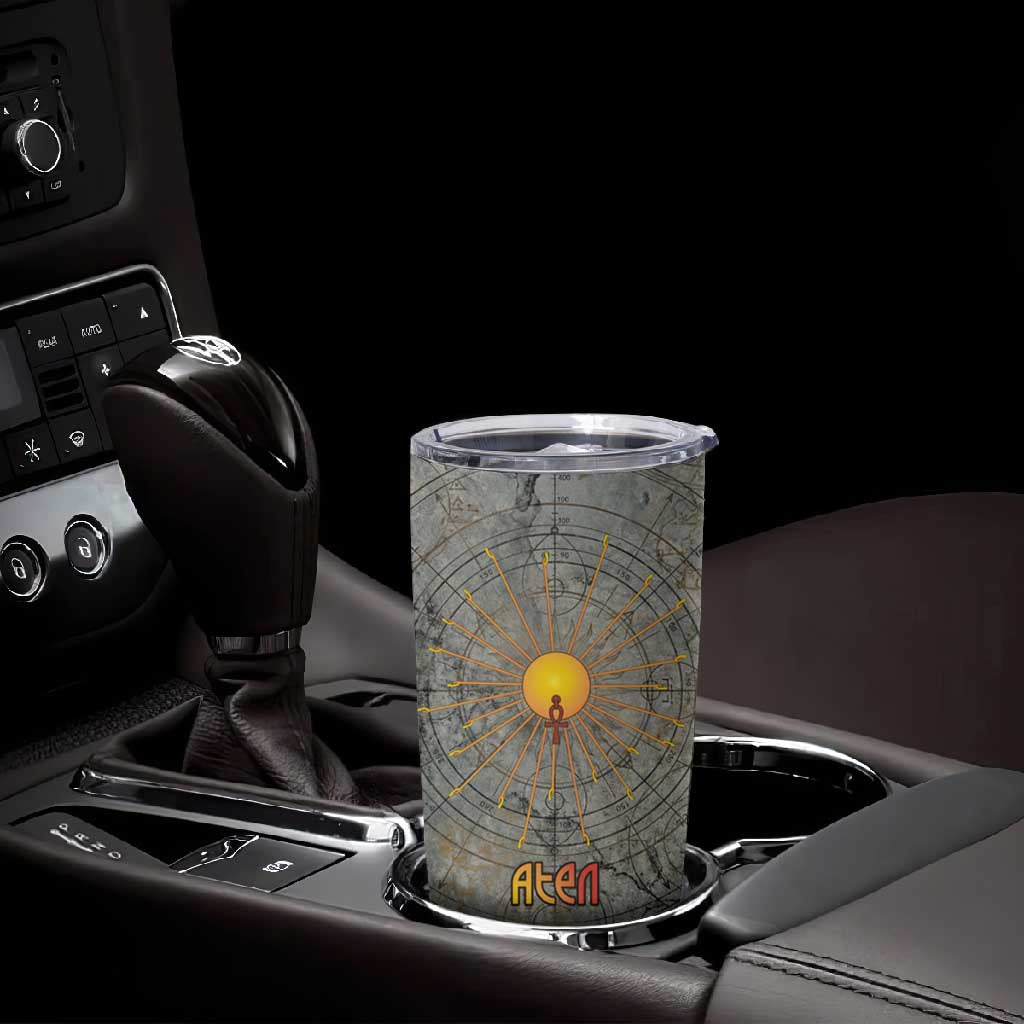 Aten Ancient Egyptian Tumbler Cup with Gray Astronomical Chart, Radiant Sun Disc Emblem, and Ankh - Wonder Print Shop