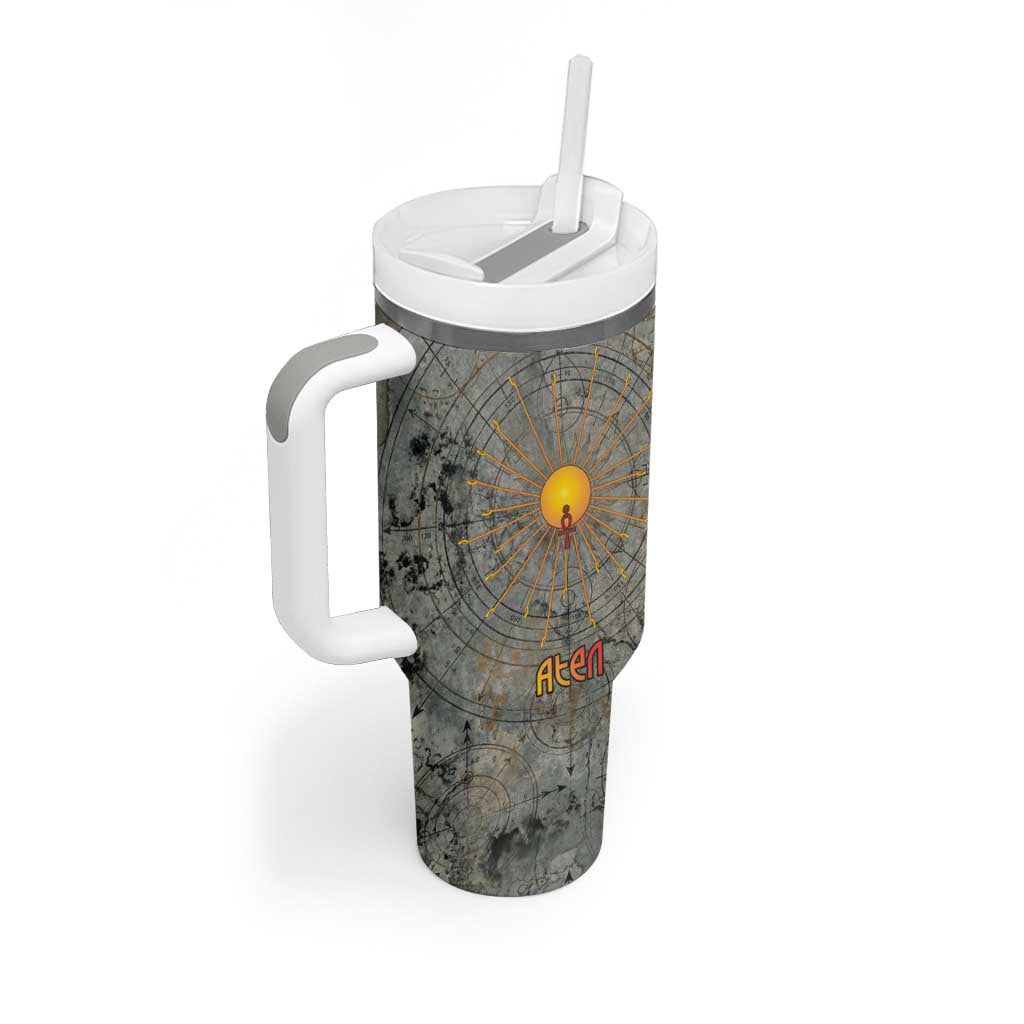 Aten Ancient Egyptian Tumbler With Handle with Gray Astronomical Chart, Radiant Sun Disc Emblem, and Ankh - Wonder Print Shop