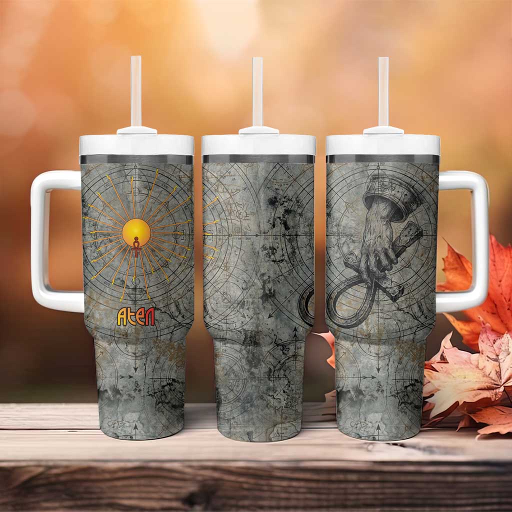 Aten Ancient Egyptian Tumbler With Handle with Gray Astronomical Chart, Radiant Sun Disc Emblem, and Ankh - Wonder Print Shop