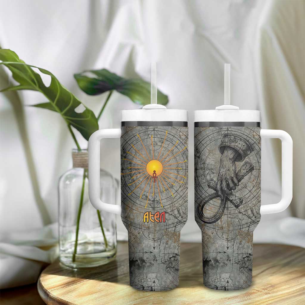 Aten Ancient Egyptian Tumbler With Handle with Gray Astronomical Chart, Radiant Sun Disc Emblem, and Ankh - Wonder Print Shop