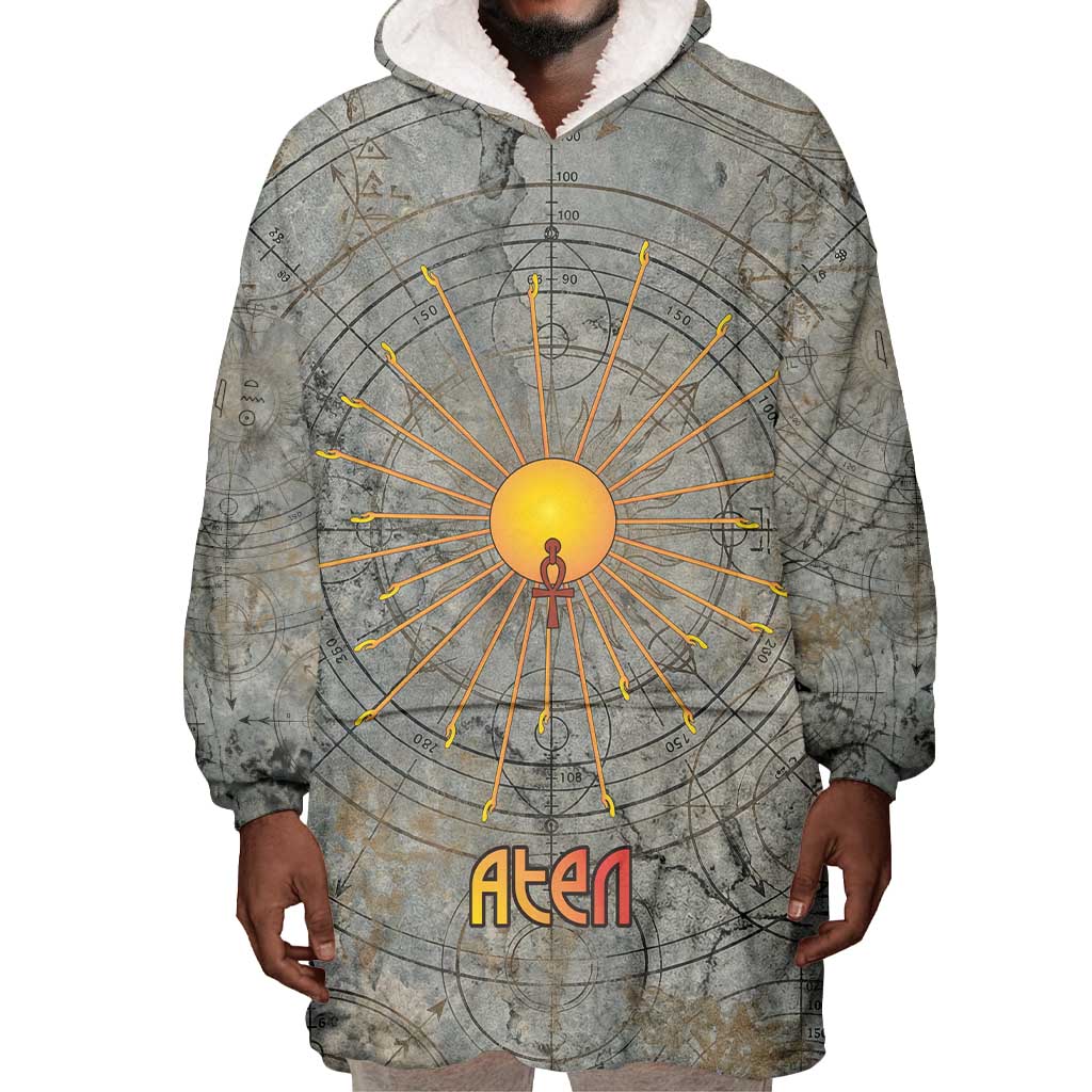 Aten Ancient Egyptian Wearable Blanket Hoodie with Gray Astronomical Chart, Radiant Sun Disc Emblem, and Ankh - Wonder Print Shop