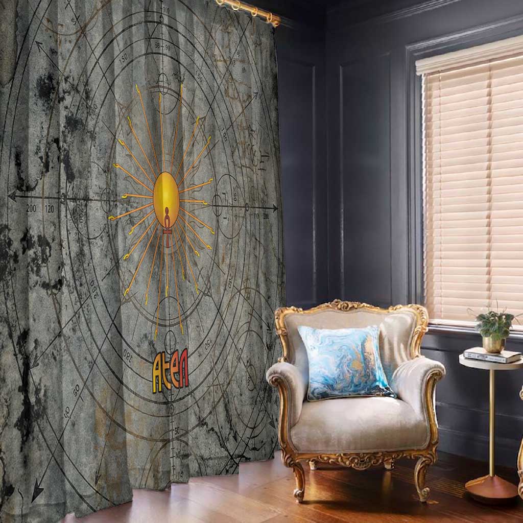Aten Ancient Egyptian Window Curtain with Gray Astronomical Chart, Radiant Sun Disc Emblem, and Ankh - Wonder Print Shop
