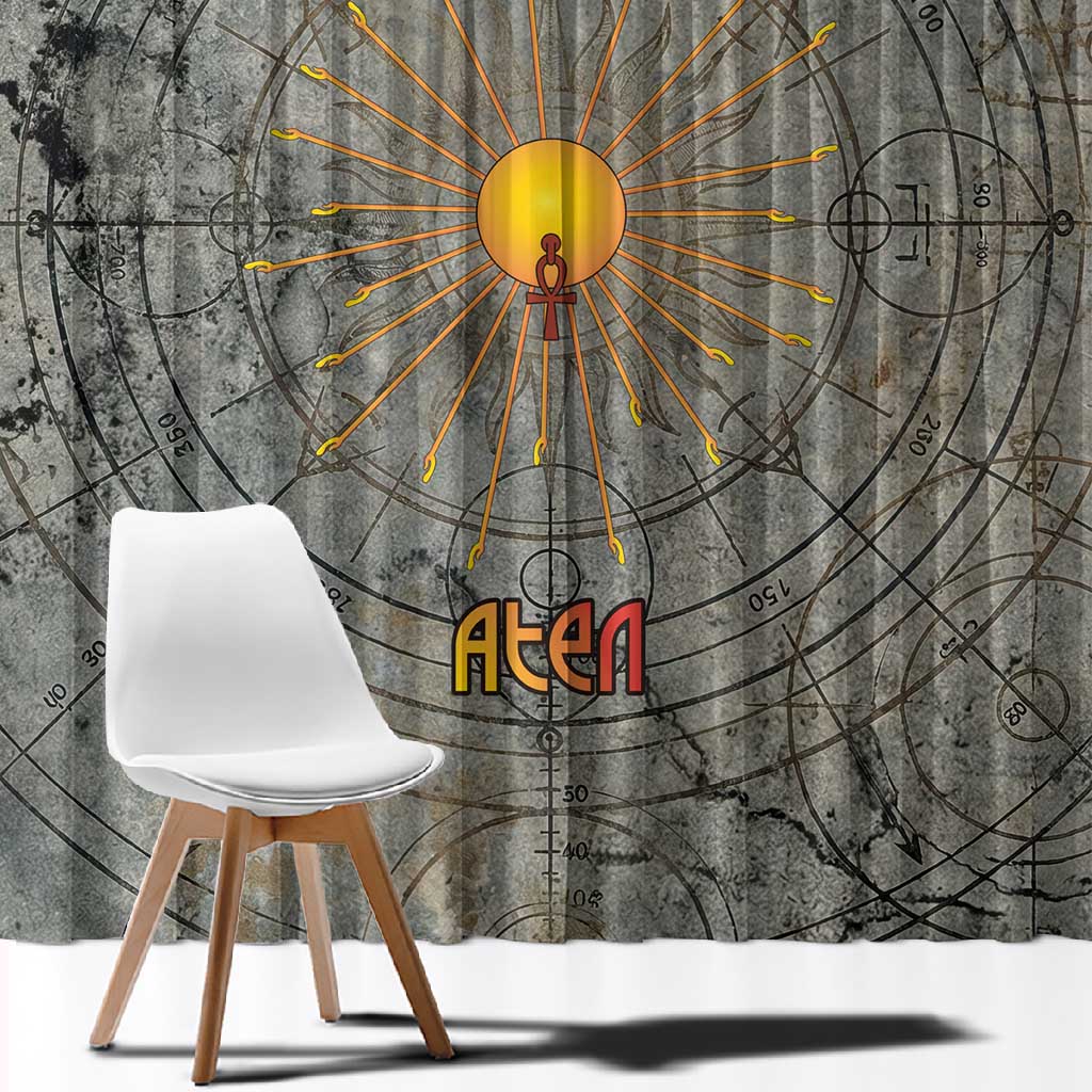 Aten Ancient Egyptian Window Curtain with Gray Astronomical Chart, Radiant Sun Disc Emblem, and Ankh - Wonder Print Shop