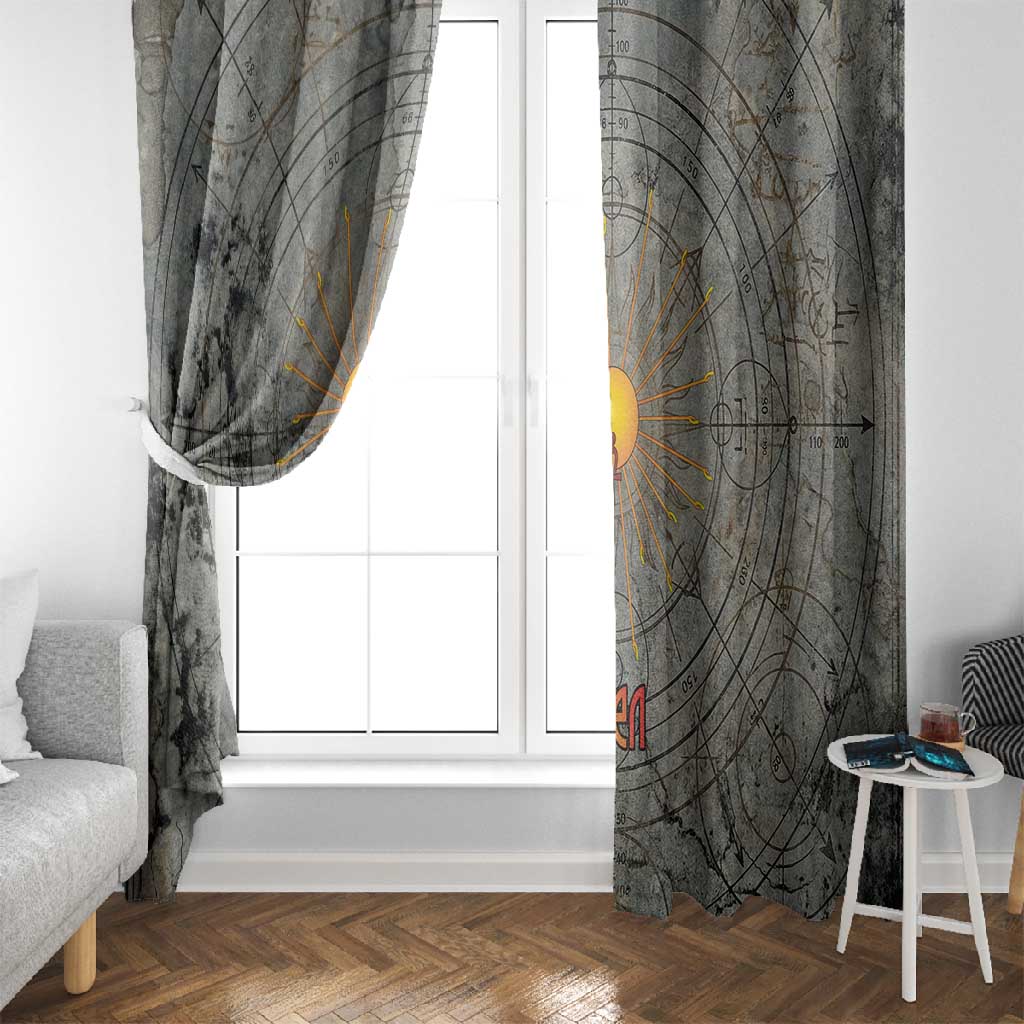 Aten Ancient Egyptian Window Curtain with Gray Astronomical Chart, Radiant Sun Disc Emblem, and Ankh - Wonder Print Shop