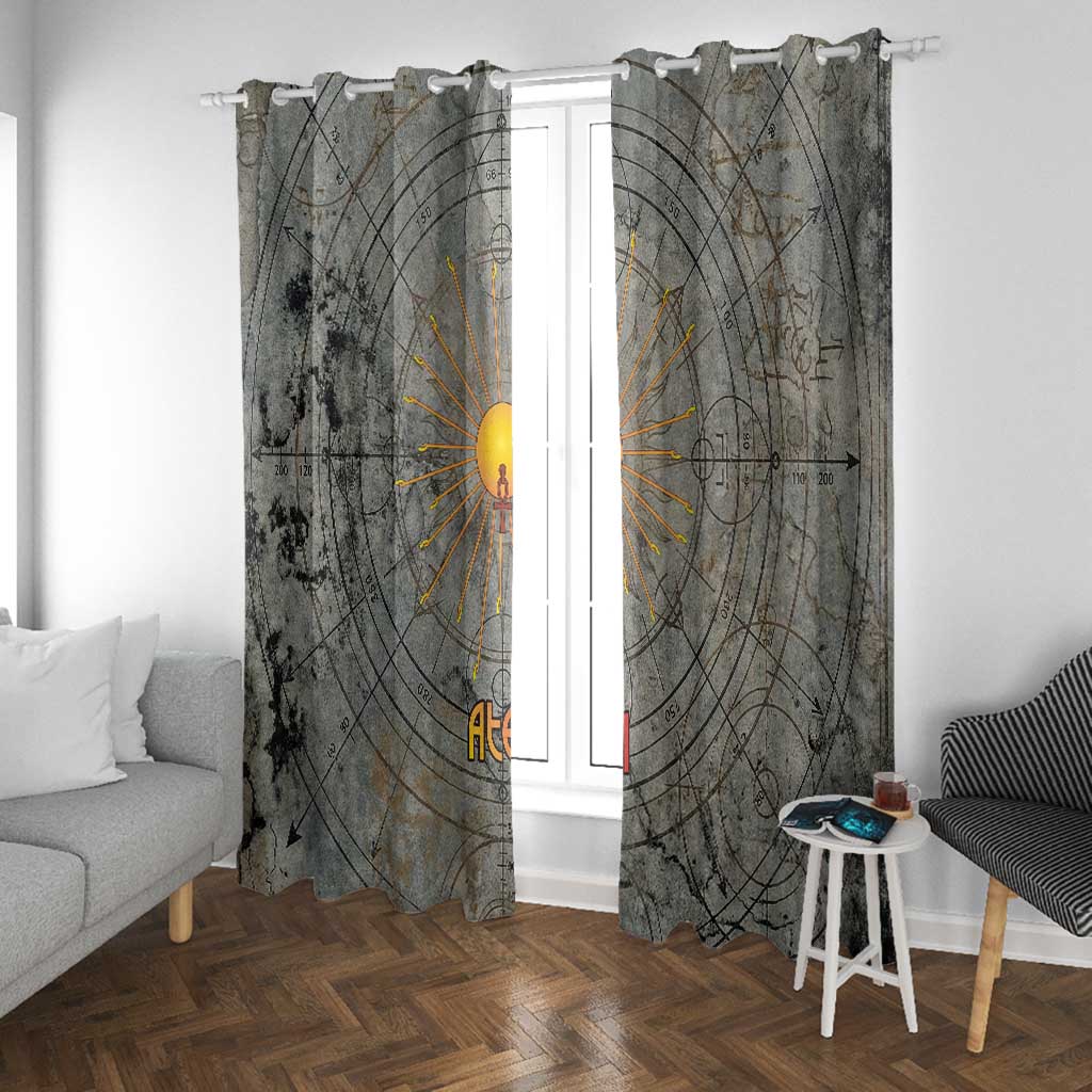 Aten Ancient Egyptian Window Curtain with Gray Astronomical Chart, Radiant Sun Disc Emblem, and Ankh - Wonder Print Shop