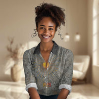 Aten Ancient Egyptian Women Casual Shirt with Gray Astronomical Chart, Radiant Sun Disc Emblem, and Ankh - Wonder Print Shop