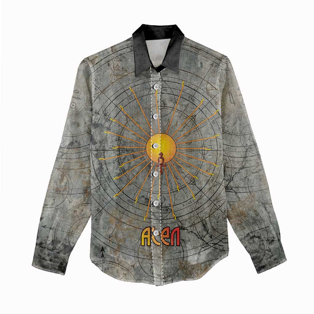 Aten Ancient Egyptian Women Casual Shirt with Gray Astronomical Chart, Radiant Sun Disc Emblem, and Ankh - Wonder Print Shop