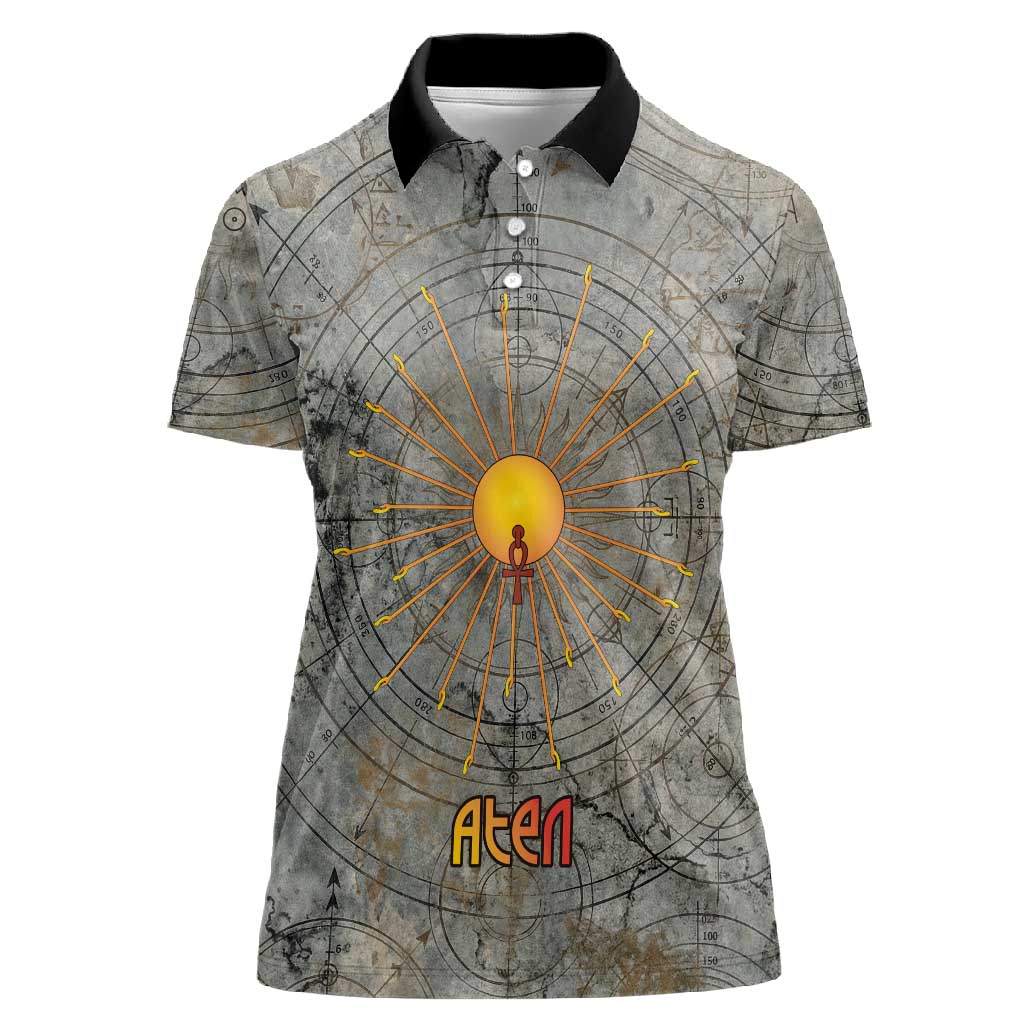 Aten Ancient Egyptian Women Polo Shirt with Gray Astronomical Chart, Radiant Sun Disc Emblem, and Ankh - Wonder Print Shop