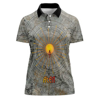 Aten Ancient Egyptian Women Polo Shirt with Gray Astronomical Chart, Radiant Sun Disc Emblem, and Ankh - Wonder Print Shop